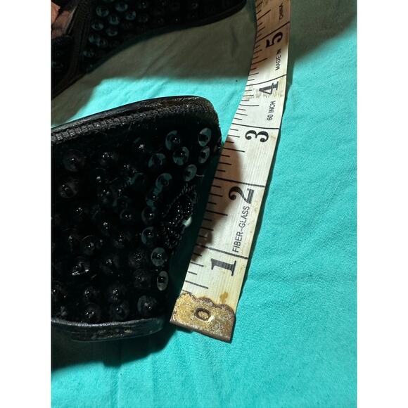 VINTAGE BLACK VELVET BEADED SEQUINED PEARL EMBELLISHED WEDGE SLIDES 7-8 - Picture 7 of 8